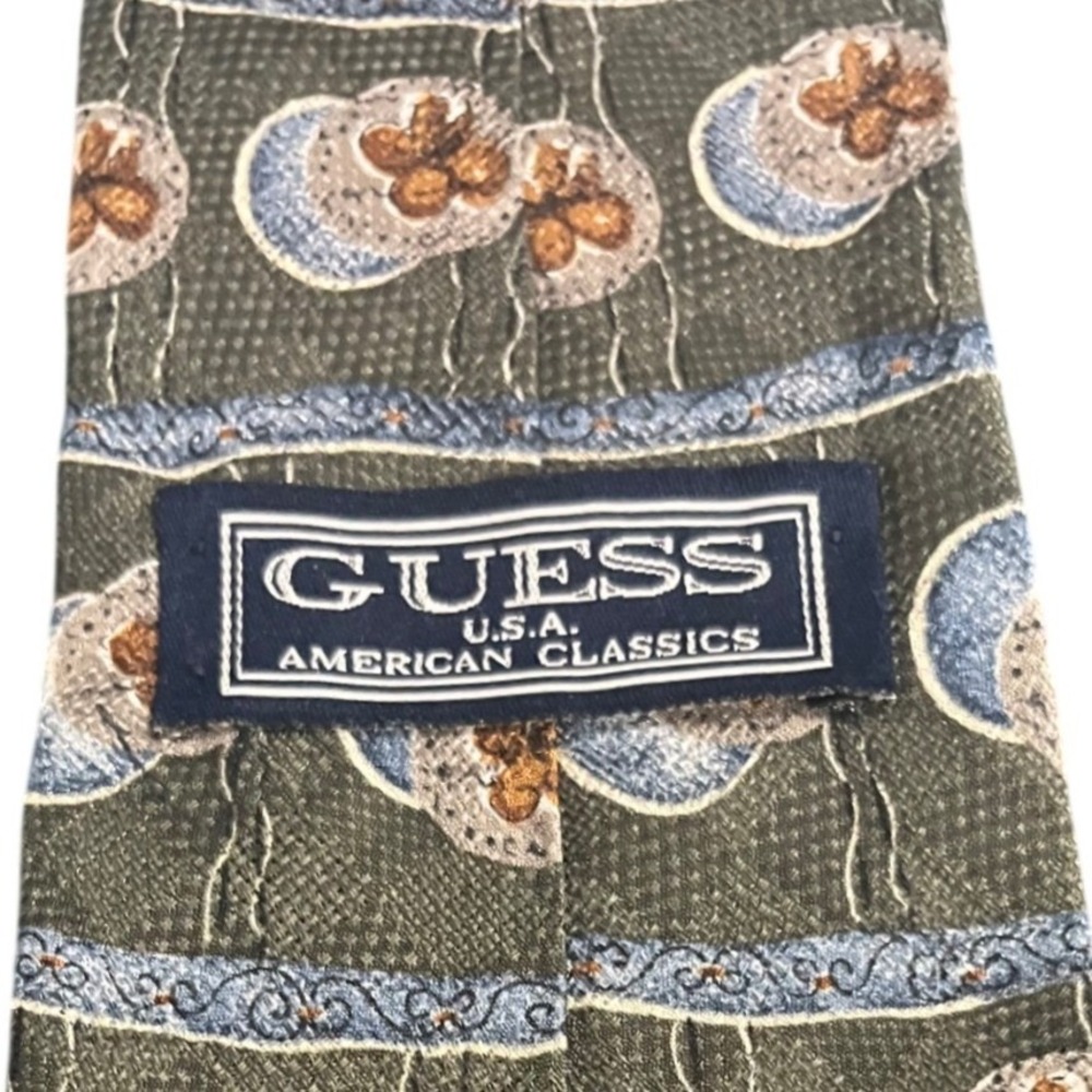 Guess American Classics‎ Mens Silk Tie Olive Green Medallion Vintage Made in USA